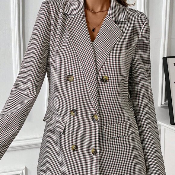 Coffee Brown Casual Women's Turndown Collar Long Sleeve & Versatile Plaid Blazer - Picture 6 of 6